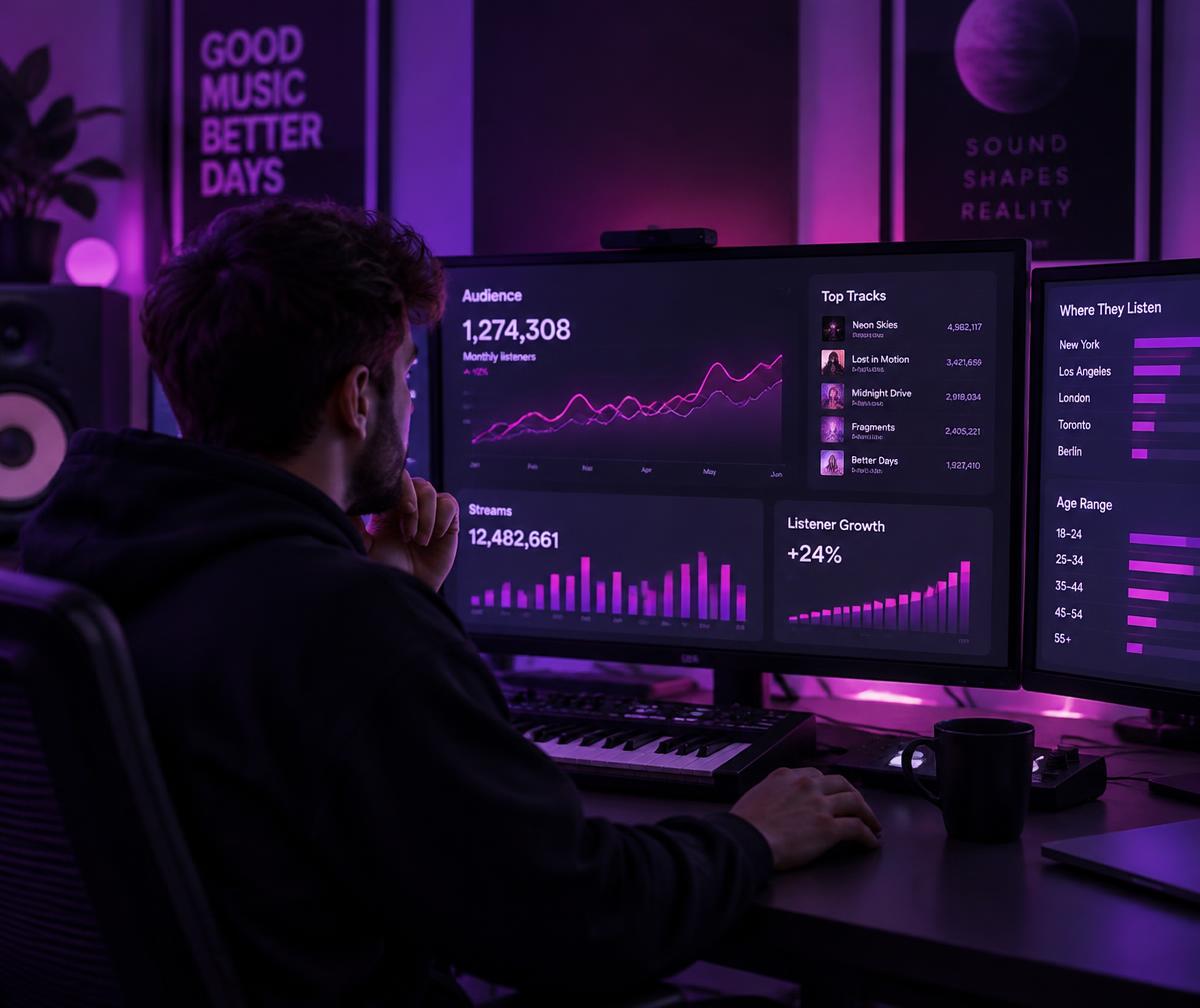 Artist reviewing streaming analytics